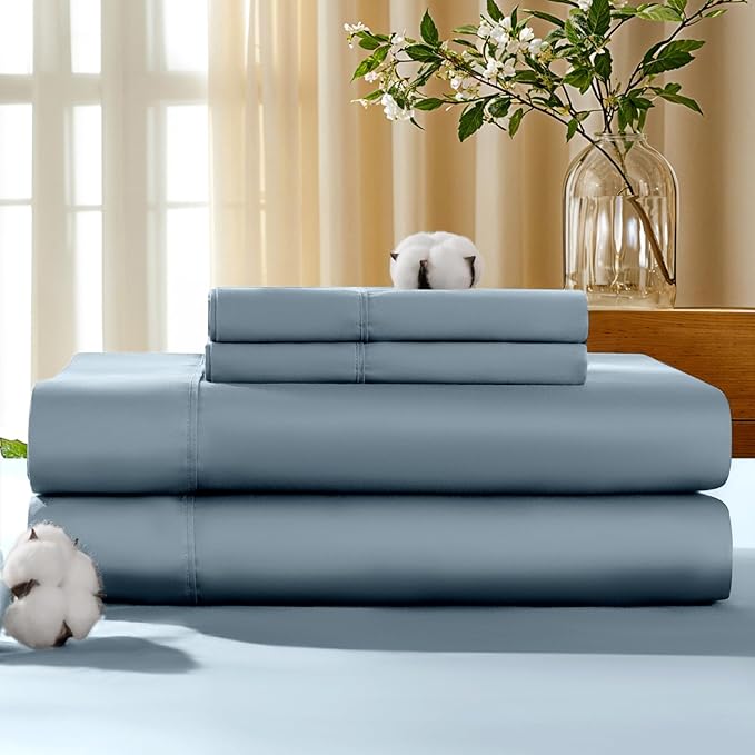 LBRO2M 100% Cotton Sheets Set Deep Pocket 19", 1000 Thread Count King Size 4 Piece Bed Sheet Sets Soft Comfortable Bedding All Season (King, French Blue)