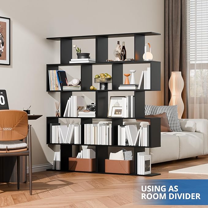 Cozy Castle Set of 2 Geometric Bookcase, S-Shaped Modern Bookshelf, Room Divider Bookshelf, 62" Tall Unique Abstract Bookcase with 5-Tier Display Shelf for Living Room Office, Black