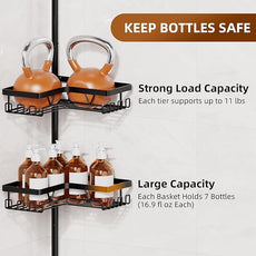 KEGII Shower Caddy Corner Tension Pole with 2 Suction Cup Soap Dishes, Rustproof 4-Tier Adjustable Bathroom Organizer, No-Drill Shower Storage Rack for, Fits 25–114.2 Inch, Black