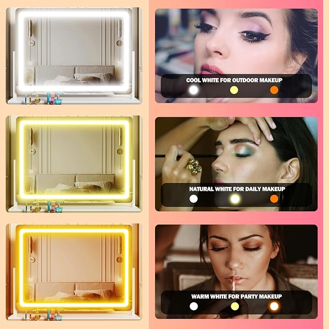 Lighted Makeup Mirror, 17.3"x13" Hollywood Vanity Mirror with Lights,Three Color Lighting Modes, and 5X Magnification Mirror, Smart Touch Control, 360°Rotation (White, Gift Box)