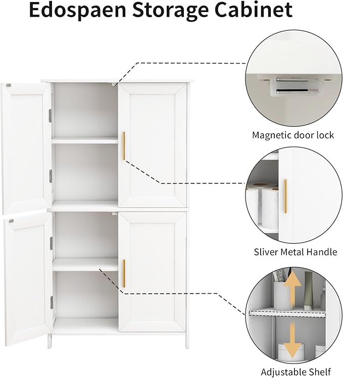 Bathroom Storage Floor Cabinet Freestanding Organizer with Adjustable Shelves for Bathroom Laundry Room,4 Doors