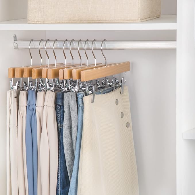 Nature Smile Wooden Pants Hangers Skirt Hanger Solid Lotus Wood Jeans Bottom Hanger with Clips Natural Color(20 Pack)