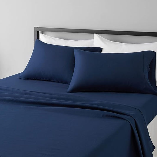 Amazon Basics Lightweight Super Soft Easy Care Breathable Microfiber 4 Piece Bed Sheet Set with 14-Inch Deep Pockets, King, Navy Blue, Solid AmazonBasics