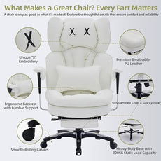 Efomao White Big and Tall Office Chair with Footrest – Ergonomic High-Back Computer Chair with Adjustable Armrests, Wide Seat – Modern Home Office, Gaming & Study Chair for Young Professionals