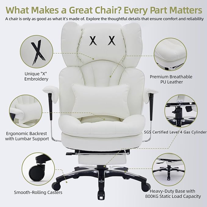 Efomao White Big and Tall Office Chair with Footrest – Ergonomic High-Back Computer Chair with Adjustable Armrests, Wide Seat – Modern Home Office, Gaming & Study Chair for Young Professionals