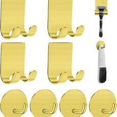 Razor Holder for Shower + Adhesive Wall Hooks, Premium 304 Stainless Steel Shower Razor Holder with Heavy Duty Waterproof Sticky Hooks for Hanging Towels, Coat, hat (4+4 Pack) - Gold