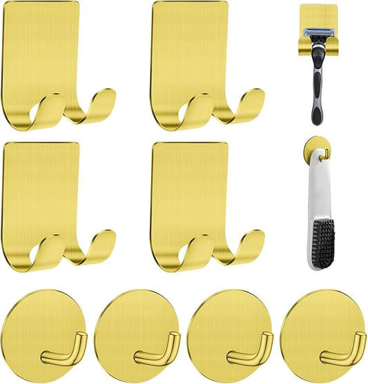 Razor Holder for Shower + Adhesive Wall Hooks, Premium 304 Stainless Steel Shower Razor Holder with Heavy Duty Waterproof Sticky Hooks for Hanging Towels, Coat, hat (4+4 Pack) - Gold