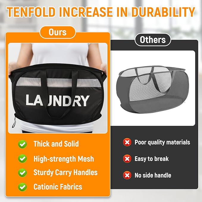 Collapsible Laundry Baskets, Tear-proof Dirty Clothes Hampers for Laundry, Foldable Laundry Basket with Dual Handles, Easy to Carry Pop Up Hamper for Bedroom, Bathroom, Dorm, Laundry Room Black