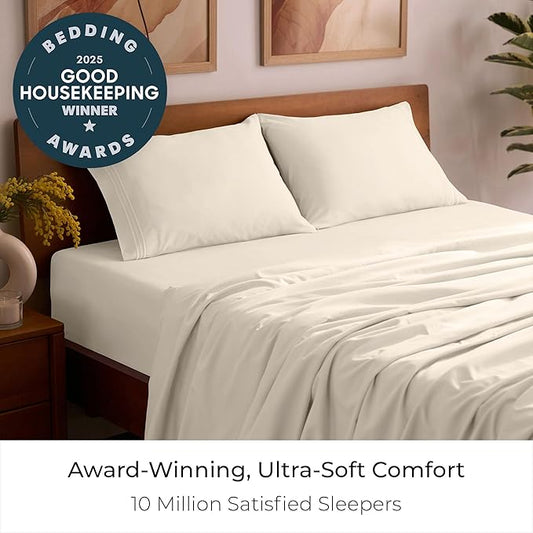 Mellanni Twin Sheet Set - 4-Piece Iconic Collection Bedding, (Including 2 Pillowcases), 16-Inch Deep Pocket, Easy Care, Extra Soft, Cooling Sheets, Brushed Microfiber - Golden Ivory