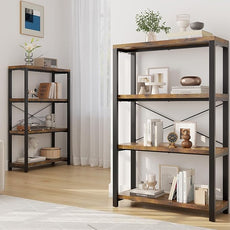 4-Tier Adjustable Heavy Duty Bookshelf, Industrial Wooden Open Storage Rack with Black Metal Frame, Vintage Bookcase with Lock Wall Design, Rustic Brown