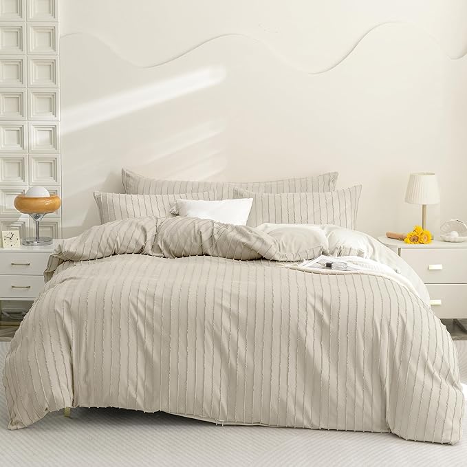 JELLYMONI Duvet Cover Oversized Queen Size Light Khaki - 3PCS Boho Striped Duvet Cover Set Polyester Tufted Bohemian Textured Comforter Cover 98×98in with Corner Ties & Zipper and 2 Pillowcases