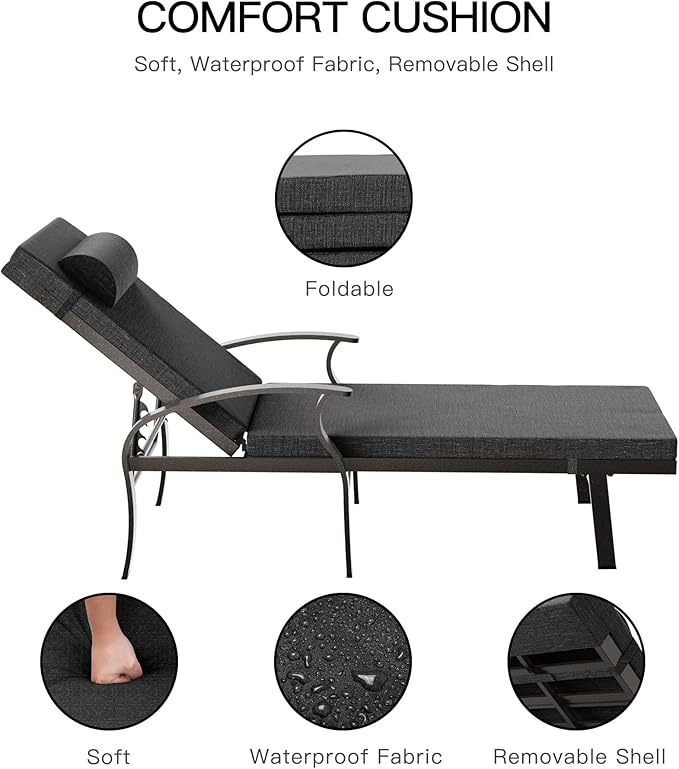 Patio Lounge Chairs Set of 3,Outdoor Lounge Chairs with 5 Adjustable Positions Backerst,Armrest Lounge Chair for Beach,Yard,Balcony,Poolside,Black