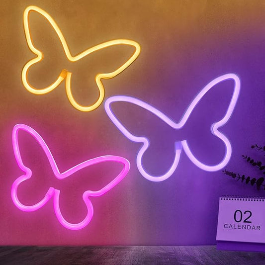 BRIGHTDECK 3 Pcs Butterfly Neon Signs, Neon Light for Bedroom, USB or 3-AA Battery Powered LED Wall Décor for Valentines Day Birthday Gift, Wedding, Party, Home Decor (Pink, Purple, Warm white)
