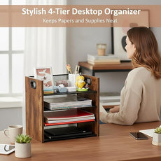 Wood Desk Organizer - 4-Tier Desktop File Organizer, Wooden Paper Organizer, Office Desk Organizer for Papers, Mail, Notebooks, Stationery