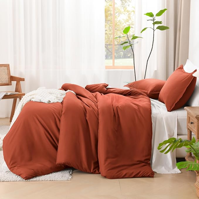 Litanika Comforter Set, Lightweight Solid Bedding Comforter Set, Fluffy Down Alternative Bed Set, Burnt Orange, Super King Plus