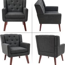 Accent Chair Button-Tufted Upholstered Living Room Chairs Comfy Reading Chair Mid Century Modern Chair with Linen Fabric Lounge Arm Chairs for Living Room Bedroom (Grey)