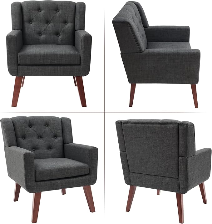 Accent Chair Button-Tufted Upholstered Living Room Chairs Comfy Reading Chair Mid Century Modern Chair with Linen Fabric Lounge Arm Chairs for Living Room Bedroom (Grey)