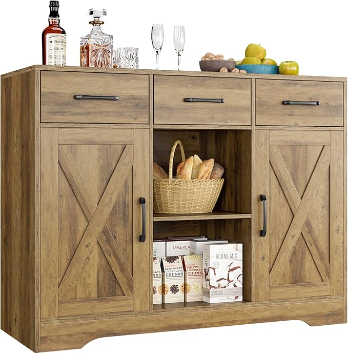 HOSTACK Wood Modern Farmhouse Buffet Storage Cabinet Barn Doors Sideboard with Storage, Drawers and Shelves for Coffee Bar, Kitchen, Dining Room, Living Room, Rustic Brown