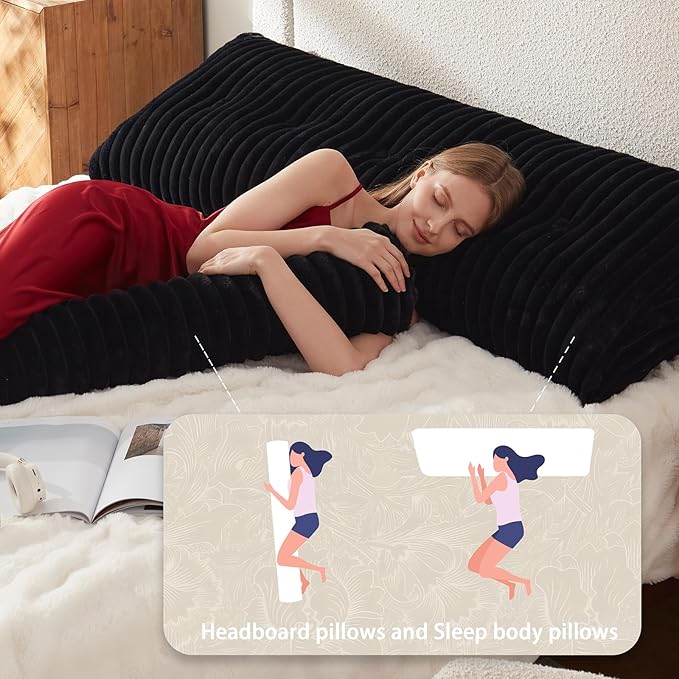 Headboard Pillow + A Long Neck Roll Pillow Body Pillow，Faux Fur Headboard Wedge Pillow with Removable Cover (Black, Queen：59x8x20 inches)
