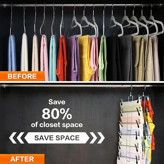 Closet Organizers and Storage, 6 Tier Storage and Organization Pants Hangers Space Saving, Metal Skirt Hangers with Adjustable Clip, 360° Swivel Hook, Dorm Room Essentials for College Students Girls