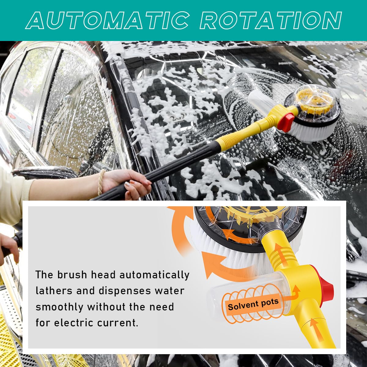 Rotating Car Wash Brush, 360° Spin Auto Cleaning Brush with Long Handle, Detachable Washing Brush with Soft Chenille Bristles Universal for Most Vehicles, Car Accessories (Brush)