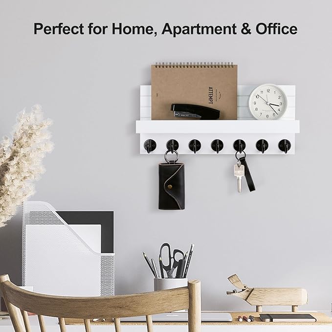 Key Holder Wall Mount, Entryway Key and Mail Holder with 7 Sturdy Hooks for Sunglasses, Dog Leash, Decorative Wall Shelf with Mounting Hardware, 15”W x 6.7”H x 4.2”D (White)