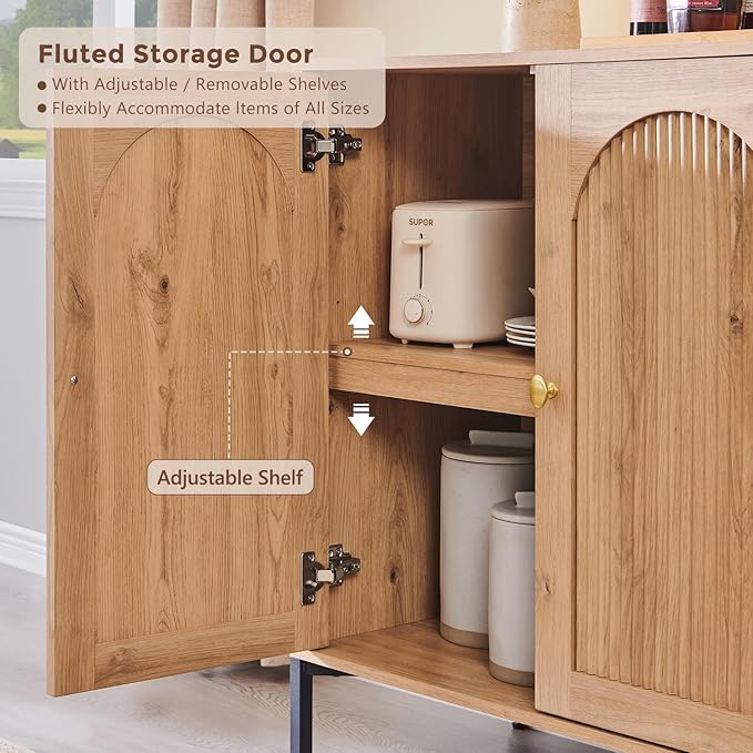 Bathroom Cabinet with Storage, 61.75" W Fluted Arched Free Standing Floor Cabinet w/Adjustable Shelves, Modern Sideboard Cabinet for Bathroom, Kitchen, Living Room, Entryway, Natural
