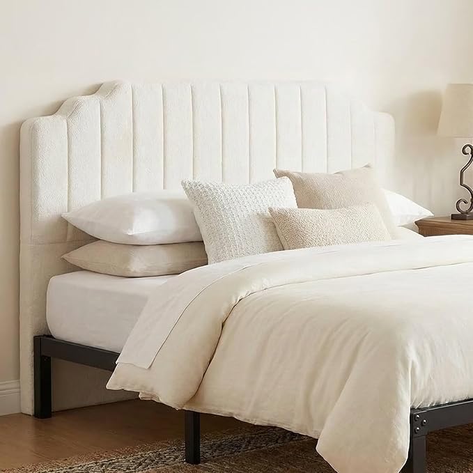 King Headboard Only - Beige Velvet Upholstered Headboard for Bed, No Assembly Required, Pure Sponge Design, Place Between Bed & Wall, Vertical Stripe with Stepped Crown Top Edge