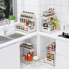 2 Pack Under Sink Organizer, Heavy Duty Metal Slide Out Sink Shelf Organizer Height Adjustable, Multi-Purpose Storage Shelf for Kitchen Bathroom (Sand,2Pack)