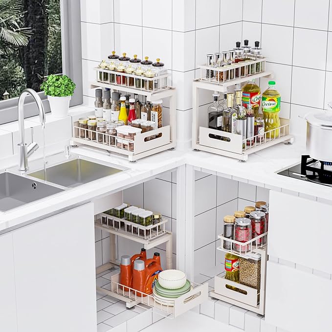 2 Pack Under Sink Organizer, Heavy Duty Metal Slide Out Sink Shelf Organizer Height Adjustable, Multi-Purpose Storage Shelf for Kitchen Bathroom (Sand,2Pack)