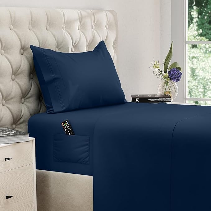 DREAMCARE Twin XL Sheet Sets – 3pcs Cooling Sheets – up to 15” Deep Pocket Twin XL Sheets Set – Hotel Luxury Sheets & Pillowcases – Superior Softness 100% Fine Microfiber with Side Pocket – Navy Blue DREAMCARE
