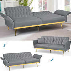 70” Velvet Futon Sofa Bed with 2 Pillows and Adjustable Armrests, Convertible Sleeper Bed W/Adjustable Backrests, Modern Loveseat for Living Room, Bedroom, Light Grey