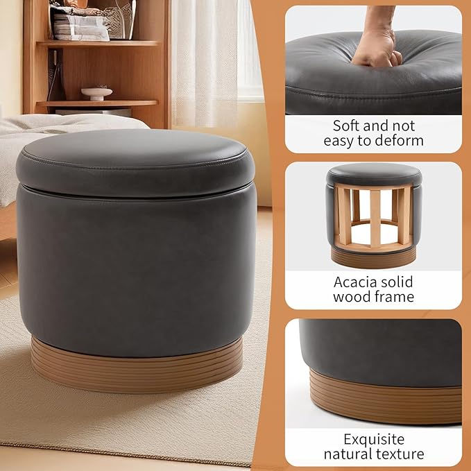 Round Storage Ottoman,Swivel Vanity Stool-Smooth Faux Leather Foot Rest,Footstool Pouf with Sturdy Acacia Wood Frame(500lbs),Small Coffee Table & Hidden Storage Ottoman for Living Room