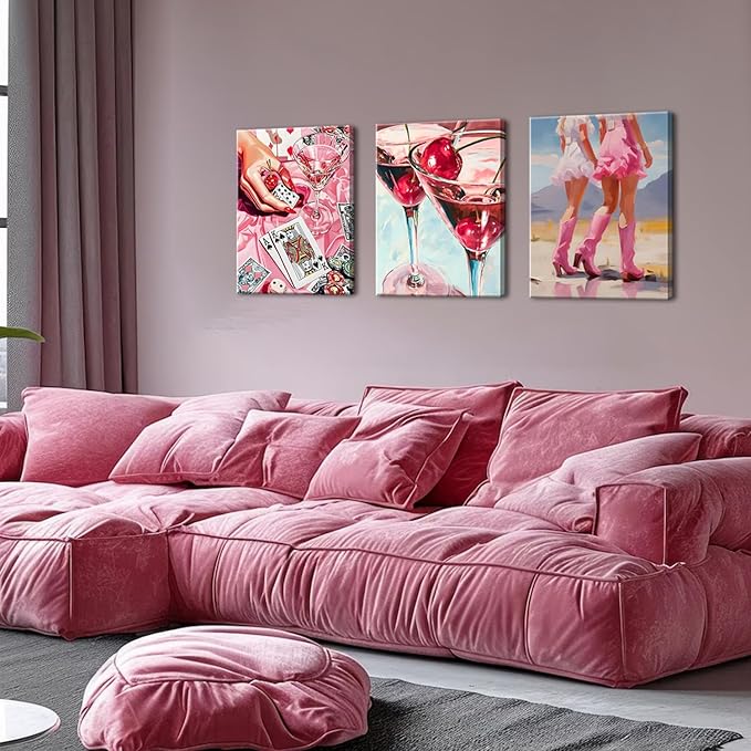 Framed Pink Preppy Wall Art Set of 3, Cowgirl Boots Cherry Cocktail Pictures Wall Decor, Trendy Poker Paintings Canvas Prints Girly Aesthetic Home Decor for Living Room Bedroom Dorm Bar 16x24 inch