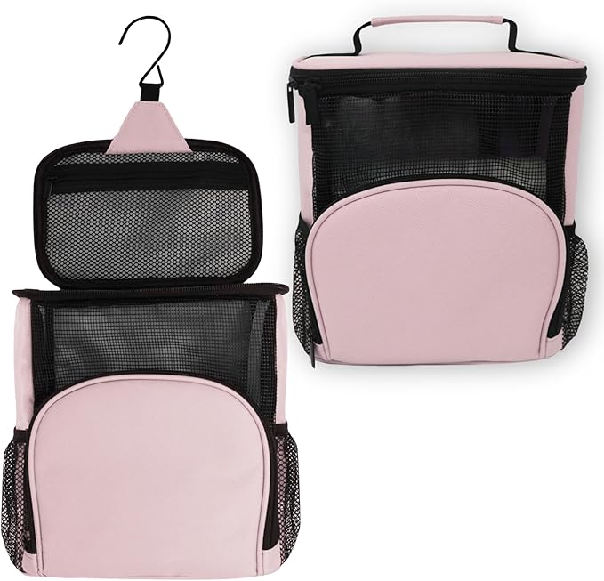 College Dorm Room Essentials for Girls - Original Shower Caddy Dorm - Portable, Durable, Roomy, Foldable Water Resistant Shower Bag in Light Pink with Metal Hook for Hanging (Blush Pink)