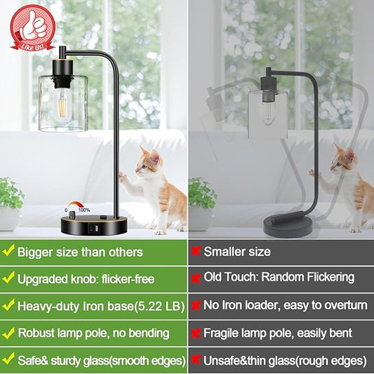Set of 2 Black and Gold Industrial Table Lamps with USB Port, Fully Stepless Dimmable Bedside Lamps for bedrooms, Nightstand Desk Lamps with Clear Glass Shade for Reading Office 2 LED Bulb Included