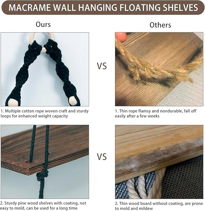 Artilady Macrame Black Floating Shelf - Boho Wooden Wall Shelves Hanging Decor, Rustic Hanging Storage Rack Hand Woven Plant Shelf Decor for Bedroom Living Room Nursery Dorm Room
