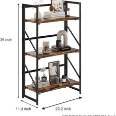 JSB No Assembly Folding Bookshelf, 3 Tier Industrial Metal Book Shelf for Storage, Vintage Wood Foldable Bookcase for Living Room, Bedroom, Office Organization Shelves