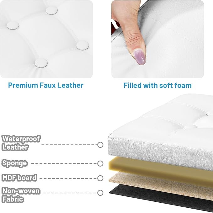 Storage Ottoman Foot Rest Stool, Small Leather Storage Ottomans Bench, Folding Footstool with Side Pockets, Foot Rest Under Desk for Living Room Bedroom, 16x12x12 in, White