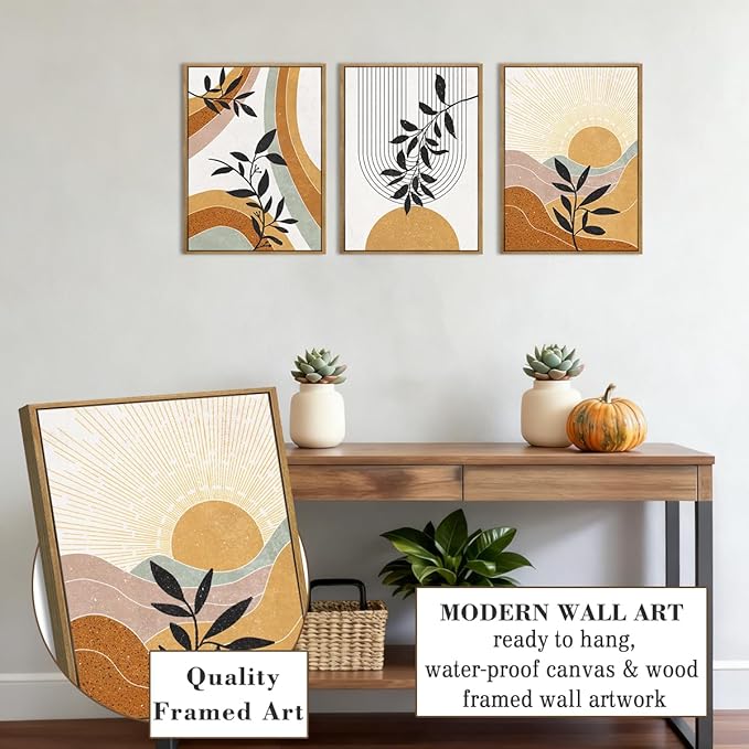 BINCUE Boho Line Wall Art Abstract Plant Wall Decor Mid Century Artwork for Living Room Bedroom Office 12"x16" Set of 3
