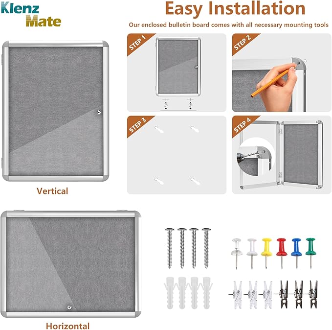 24"x18" Enclosed Cork Bulletin Board Tamper-Proof Dispaly Case,Grey Fabric&Aluminium Frame,Shatter Resistant Lockable Bulletin Board with Clear Acrylic Door for School,Office,Mall,Community,Hospital