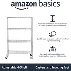 Amazon Basics 4-Shelf Adjustable, Heavy Duty Storage Shelving Unit with Wheels for Easy Assembly, for Garage or Kitchen Use, Metal Organizer Wire Rack, 36