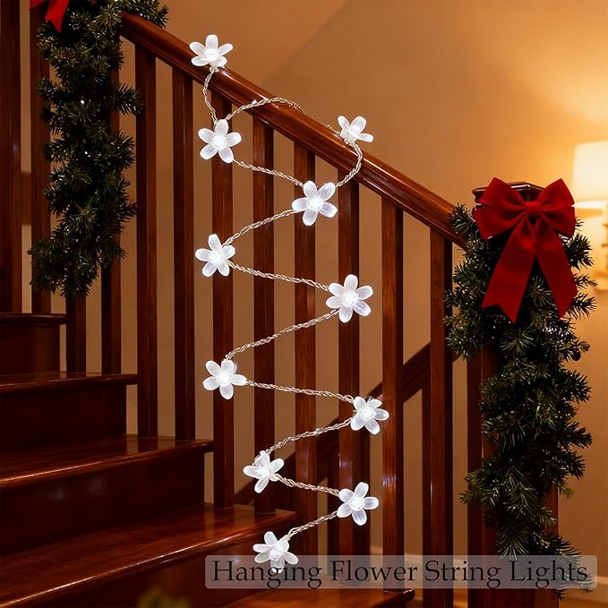 Battery & USB Powered Flower String Lights Indoor Decorations, 10ft 30 LED Decorative Cute Cherry Blossom Floral Lamp for Classroom Bedroom Ceiling Dorm Christmas Tree Hanging Decor (White)