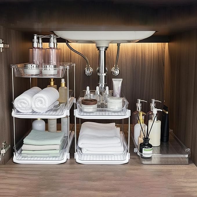 Bathroom Organizers And Storage – With Multipurpose Holder, 2 Sets of 3-Tiers Stackable Under Sink Bathroom Drawer Organizer Multi-Purpose Pantry Organizer And Kitchen Organization With Dividers