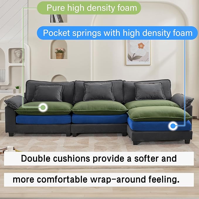 120" Modular Sectional Sofa, Comfy Cloud Couch Sectional Sofa with Ottoman, Velvet Sofa Sleeper Deep Seat Sofa with Throw Pillows for Living Room (Blue Gray, 120"- L Shape)