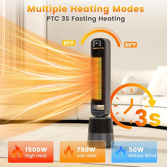 VCJ 36" Space Heaters with Humidifier, 12H Timer Electric Heater for Indoor Use, Remote, 150° Oscillation, Overheat & Tip-Over Protection, Quiet Portable Tower Heater for Bedroom Living Room Garage