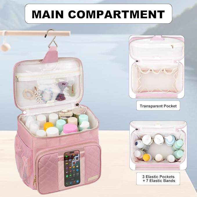 Portable Shower Caddy (Full Size Bottle Compatible),Travel Shower Tote Bag with Quick Dry Mesh Base,Hanging Toiletry Cosmetic Bag for Gym,College,Camping & Dorm, Pink