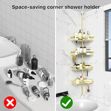 KEGII Shower Caddy Tension Pole, 4-Tier Corner Shower Tension Rod Organizer No Drilling, Floor to Ceiling Bathroom Caddy 25-114.2 inch, Adjustable Bath Tub Shampoo Holder for Corner, Gold