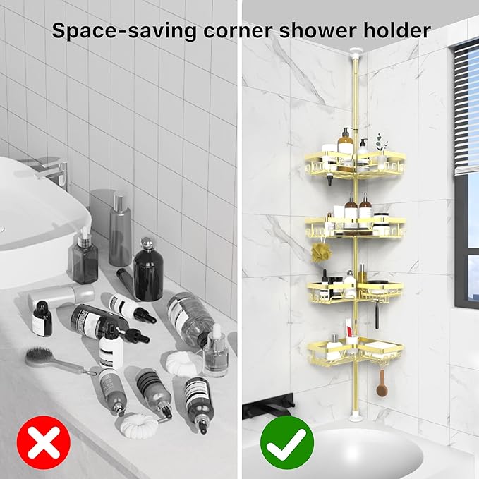 KEGII Shower Caddy Tension Pole, 4-Tier Corner Shower Tension Rod Organizer No Drilling, Floor to Ceiling Bathroom Caddy 25-114.2 inch, Adjustable Bath Tub Shampoo Holder for Corner, Gold