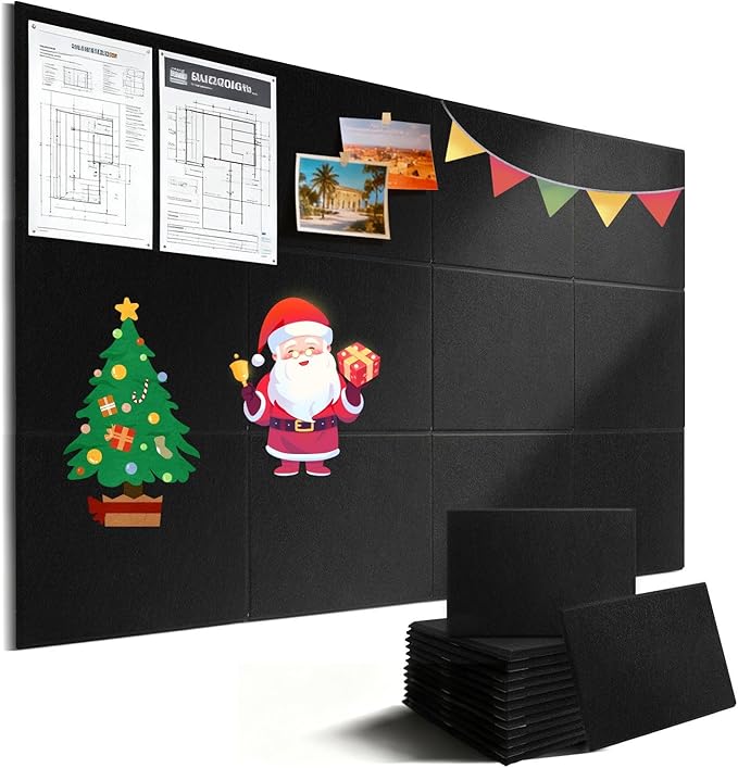 12 Pack Cork Boards for Walls, 48" x 24" Large Felt Wall Tiles, Black Bulletin Board Paper with Safe Removable Adhesive Tabs, Pin Corkboard for Office Home Decor